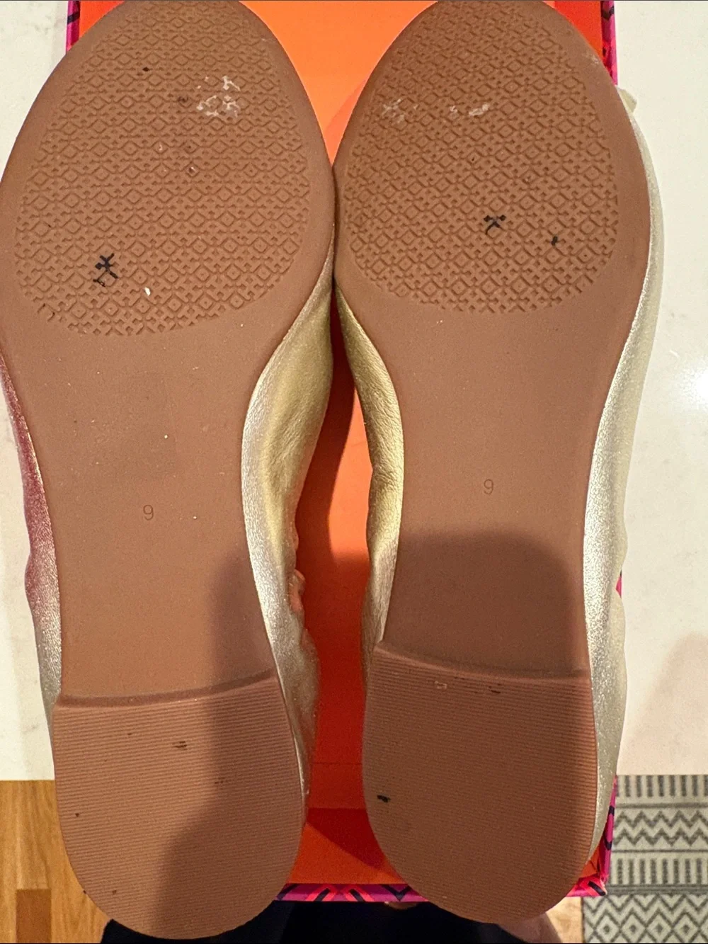 EUC Tory Burch Gold Floral Leather Ballet Flats
